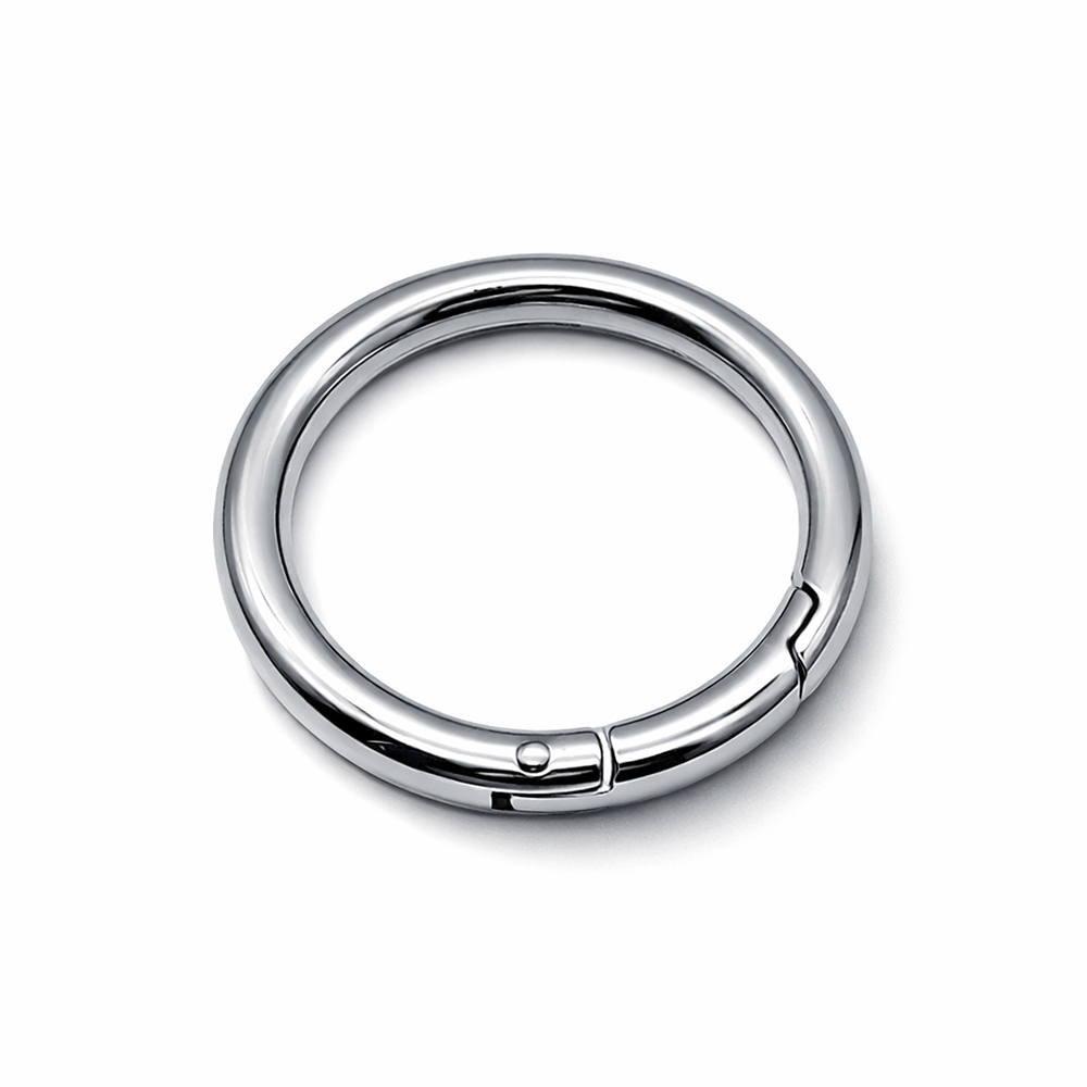 Heavy duty nickel plated round carabiner and industrial metal spring ring for luggage accessories.