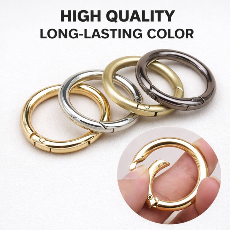 Heavy duty spring gate o ring in light gold, silver, nickel and gunmetal colors for handbag straps.