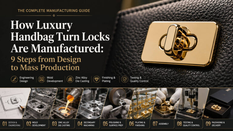Luxury handbag turn lock manufacturing process from design and mold development to zinc alloy die casting, plating and mass production