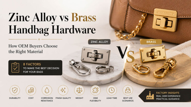 A comparison banner explaining how OEM buyers choose between zinc alloy vs brass handbag hardware based on key durability and cost factors.
