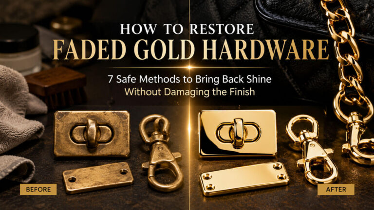 How to restore faded gold hardware on handbag with before and after restoration showing renewed shine on turn lock, logo plate and chain accessories