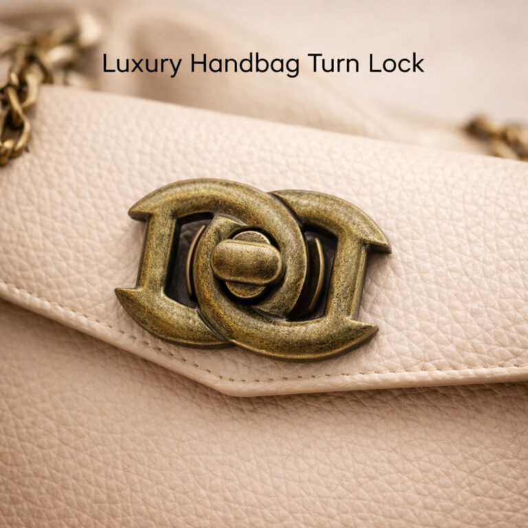 Front view of a premium zinc alloy metal turn lock for bags with an elegant interlocking pattern design.