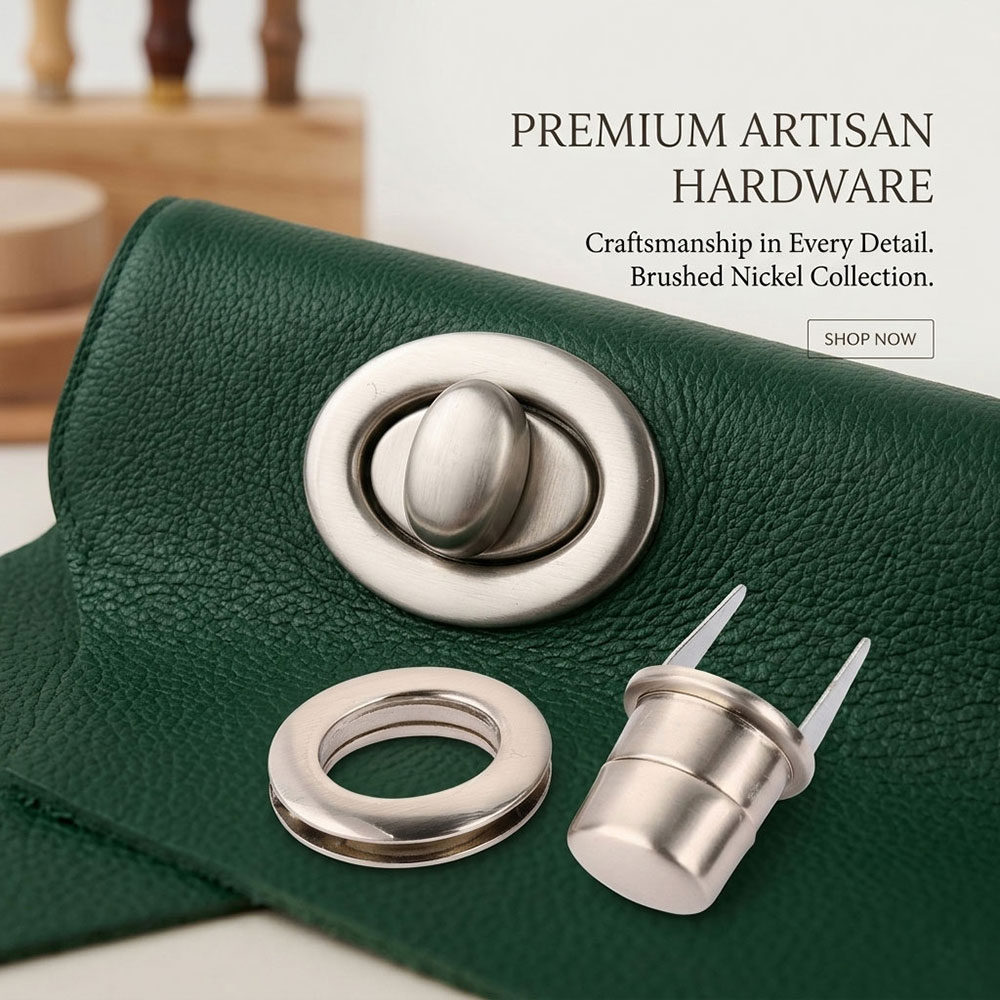 High-end handbag hardware collection featuring premium artisan round metal lock components on green leather background.