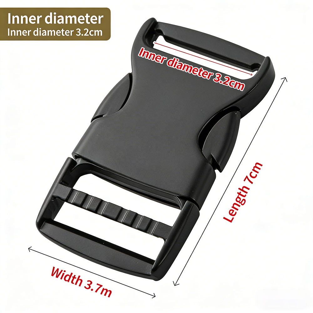 Matte black zinc alloy buckle details showing 32mm inner diameter specification