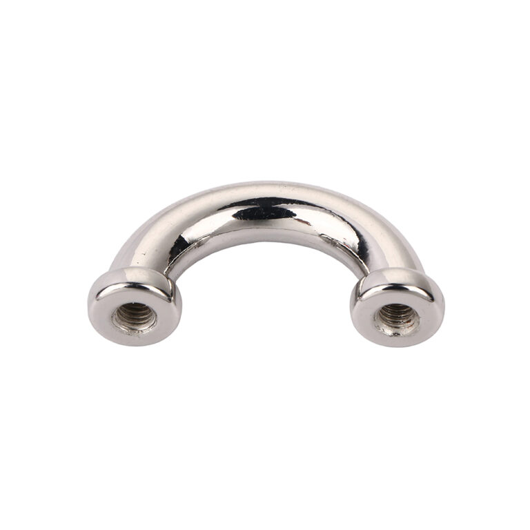 Front view of nickel plated metal arch connector and purse bridge connector with internal threads for luxury handbag hardware production.