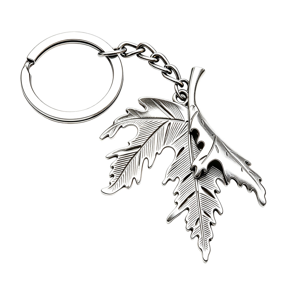 Silver nickel custom leaf metal keychain with polished metal finish from OEM metal keychain manufacturer.