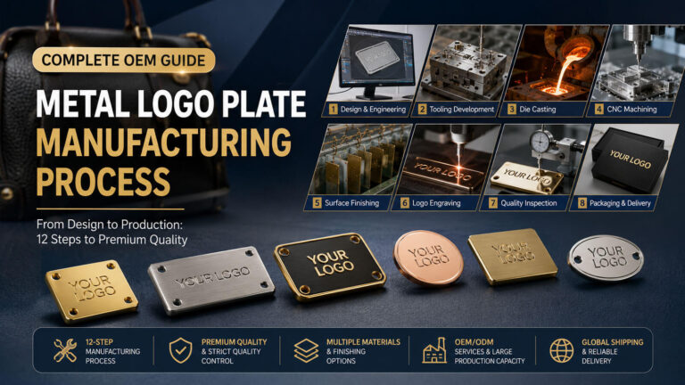 Custom metal logo plate manufacturing process for handbags, swimwear and luxury accessories OEM factory showing die casting, CNC machining and PVD coating