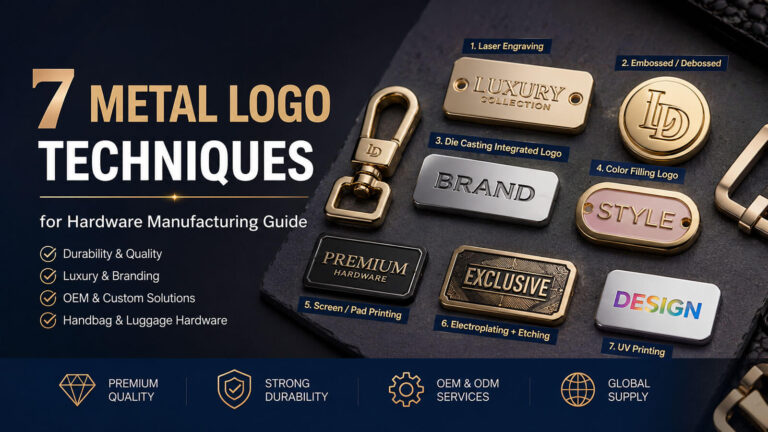 7 metal logo techniques for handbag hardware manufacturing including laser engraving, embossed logos, die casting, color filling, electroplating etching and UV printing