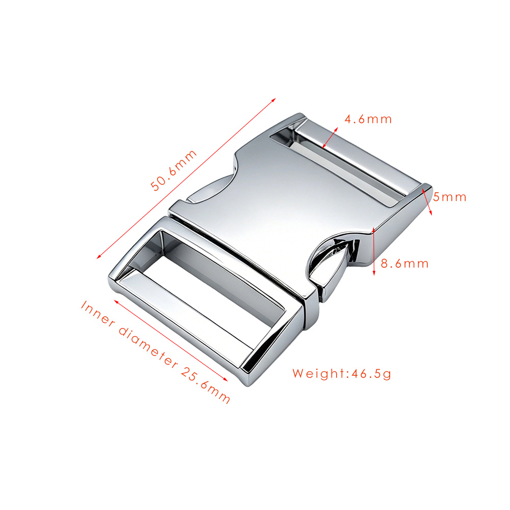 Specification chart showing dimensions, inner diameter 25.6mm, and weight of heavy duty quick release buckle.