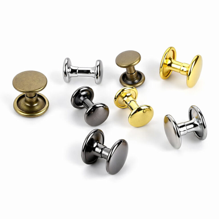 Double sided rivets for leatherwork in multiple color options including gunmetal, light gold, and antique brass.