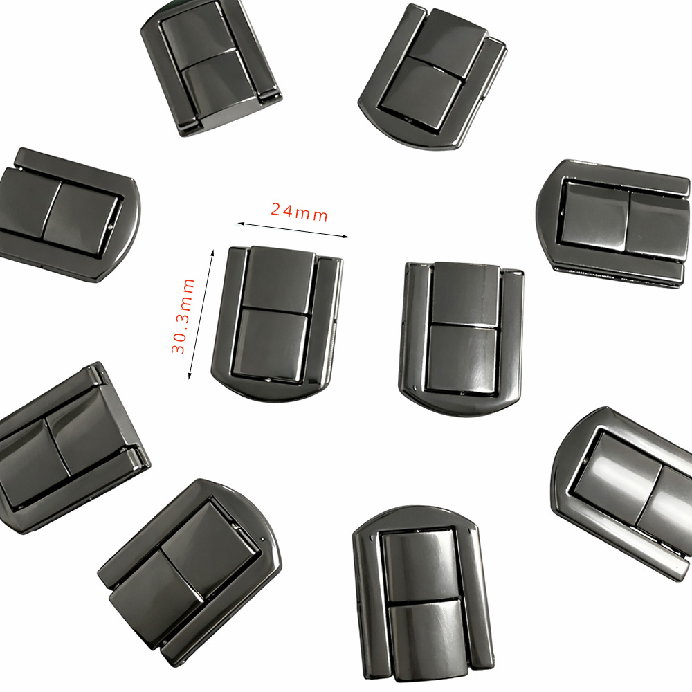 Nickel miniature toggle latch spring loaded fasteners arranged in a circle, highlighting the 30.3mm by 24mm size specs.