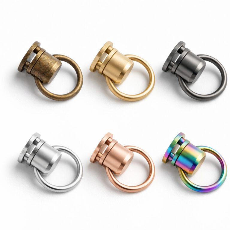Six color options of zinc alloy o ring stud rivet including light gold, gunmetal, and rainbow for leathercraft fasteners.