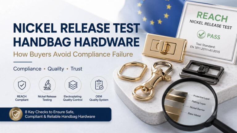 Nickel release test handbag hardware guide showing REACH compliant metal bag locks, snap hooks, bag rings and electroplating quality control for OEM manufacturing.