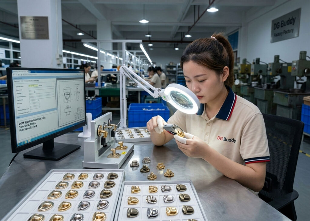 OEM handbag lock hardware quality inspection at DG Buddy factory Dongguan