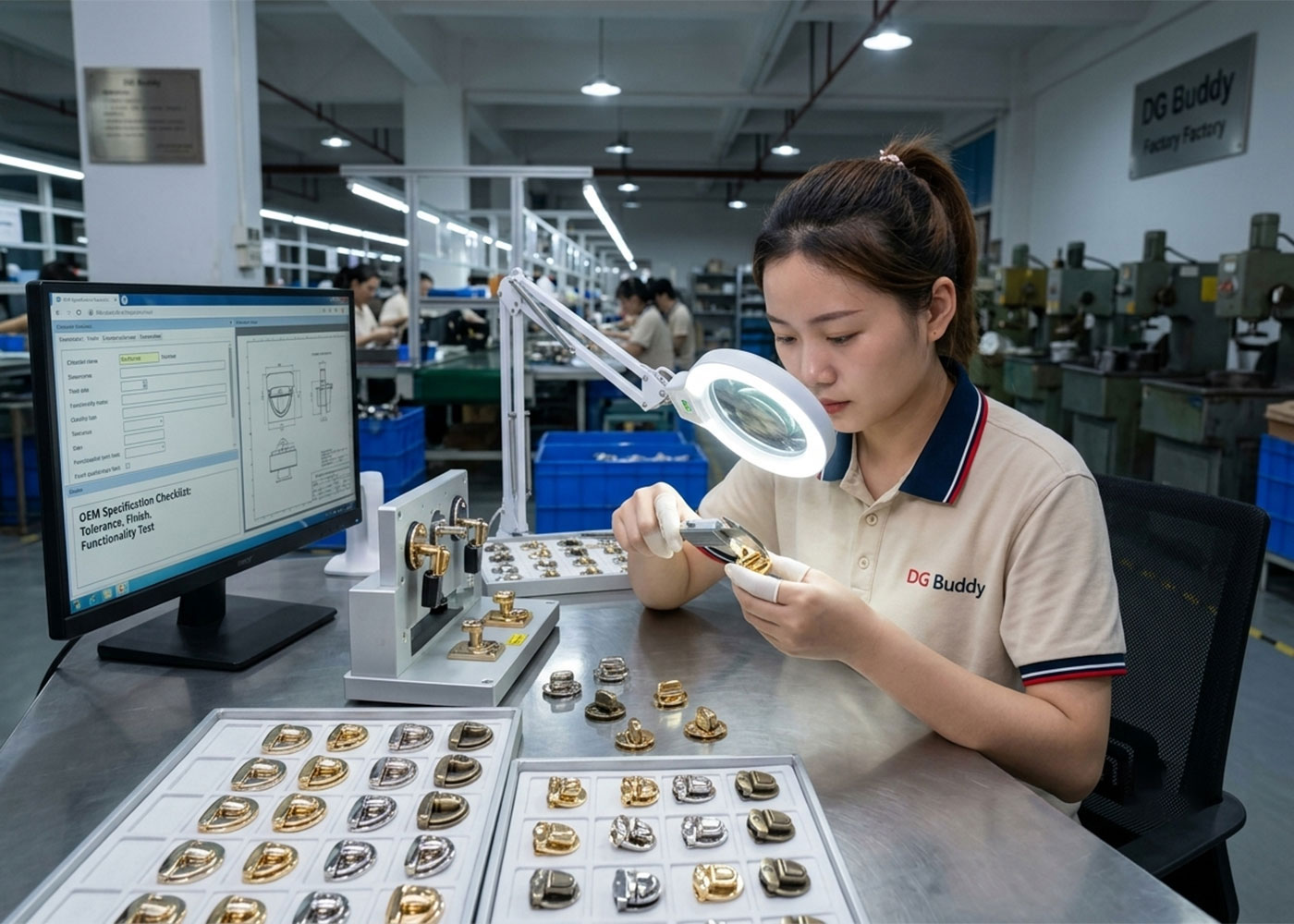 OEM handbag lock hardware quality inspection at DG Buddy factory Dongguan