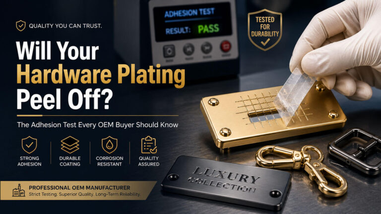 Plating adhesion test for handbag hardware showing electroplating quality inspection and coating durability verification
