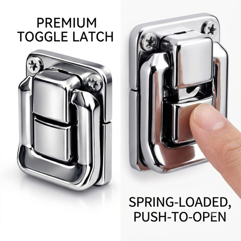 High-polished stainless steel spring loaded toggle latch with a secure and compact design, shot on a clean white background.