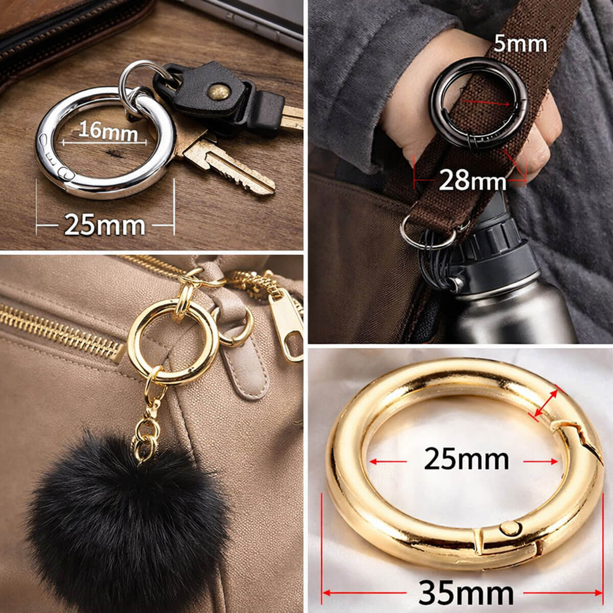 Multifunctional purse ring gate used as key ring charm and water bottle strap connector.
