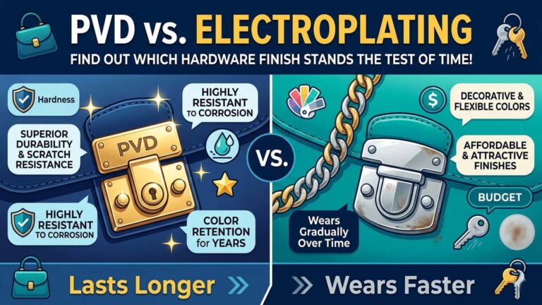 PVD vs electroplating comparison chart showing PVD coating durability and why electroplated hardware fades faster on luxury handbag hardware.