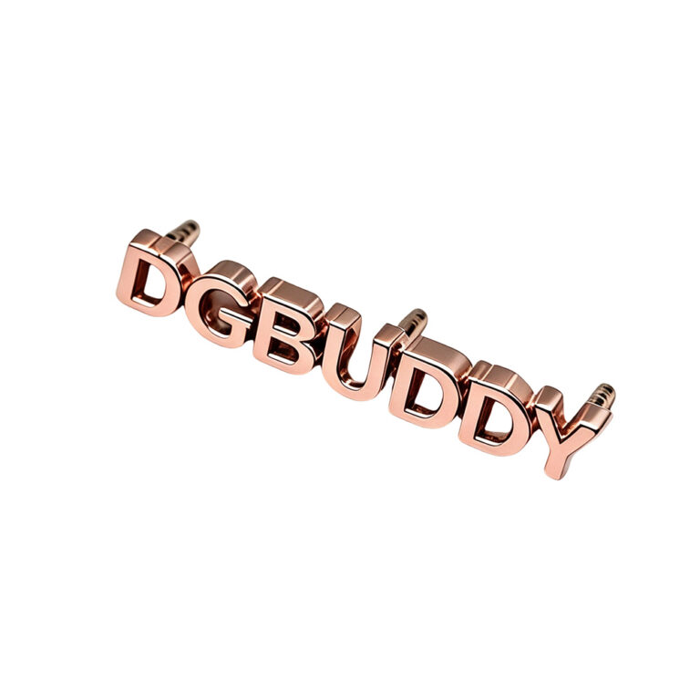 Light gold luxury fashion bag metal branding plate with screw studs.
