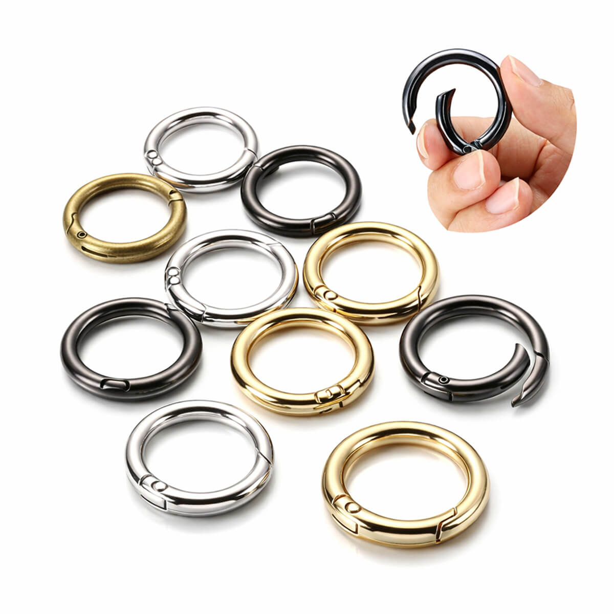 Mixed size round carabiner clasp and openable metal o ring hardware collection.