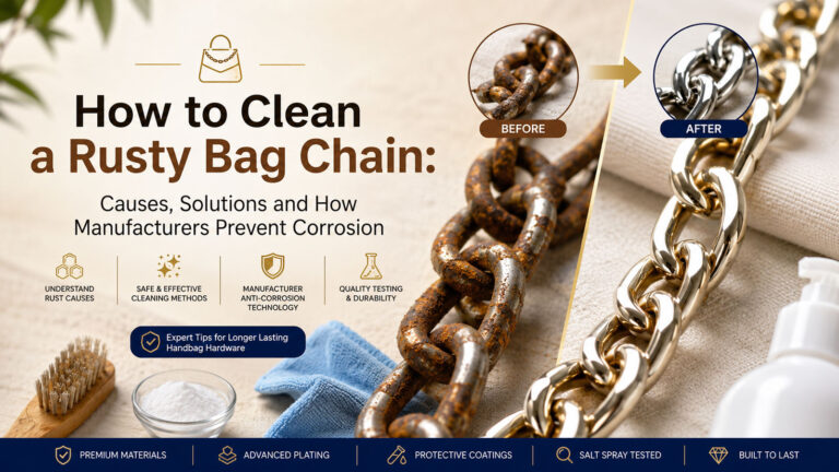 Handbag chain rust removal guide showing corrosion causes cleaning solutions and anti-rust protection for handbag hardware