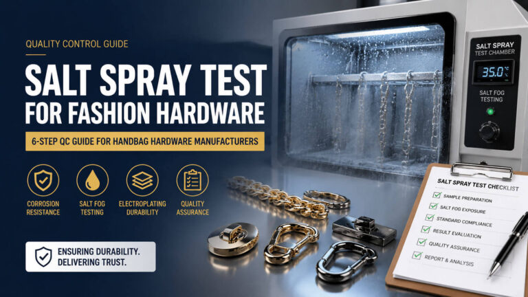 Salt spray test for fashion hardware infographic showing 6-step quality control process, electroplating durability testing, and handbag hardware corrosion resistance standards
