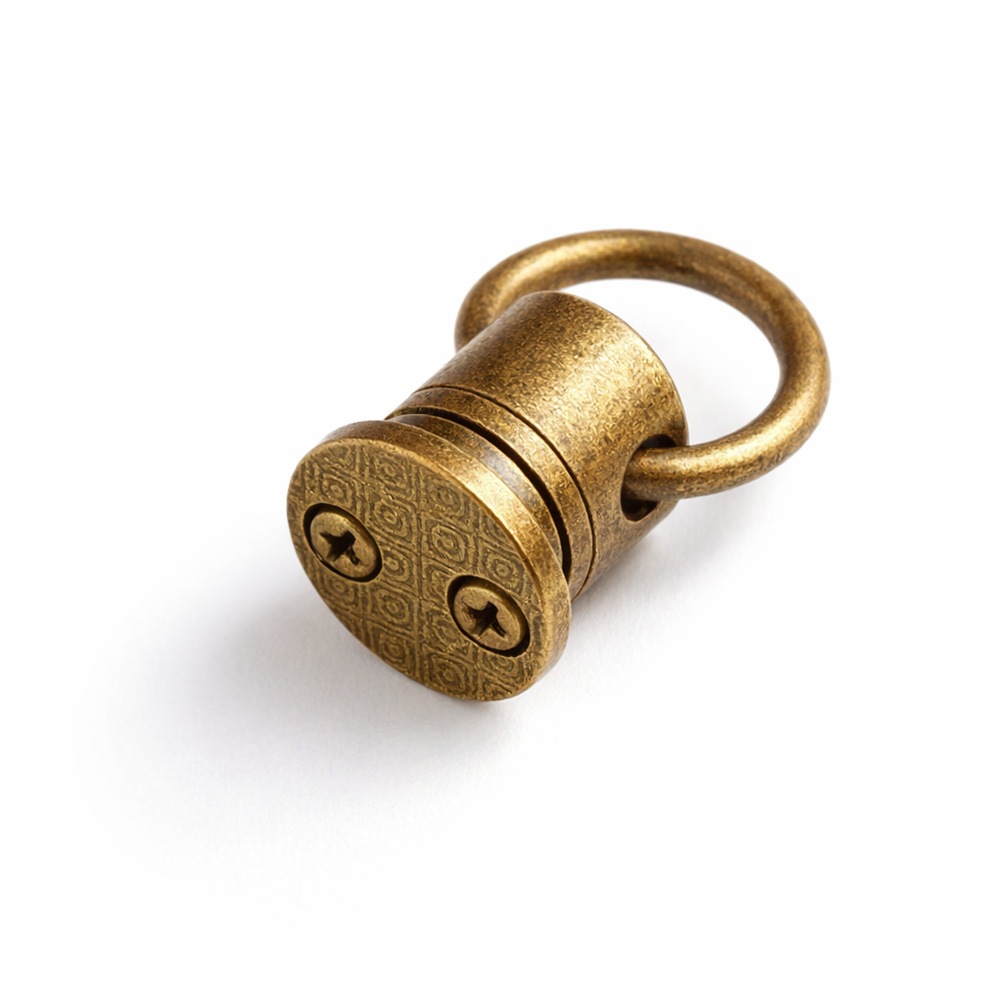 Heavy duty swivel o ring rivet showcasing the secure double screw back base for custom bag rivets.