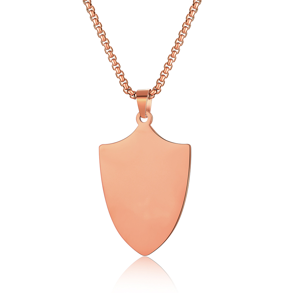 Beautiful rose gold shield pendant necklace on a matching chain, gift-ready accessories for personalized jewelry gifts.