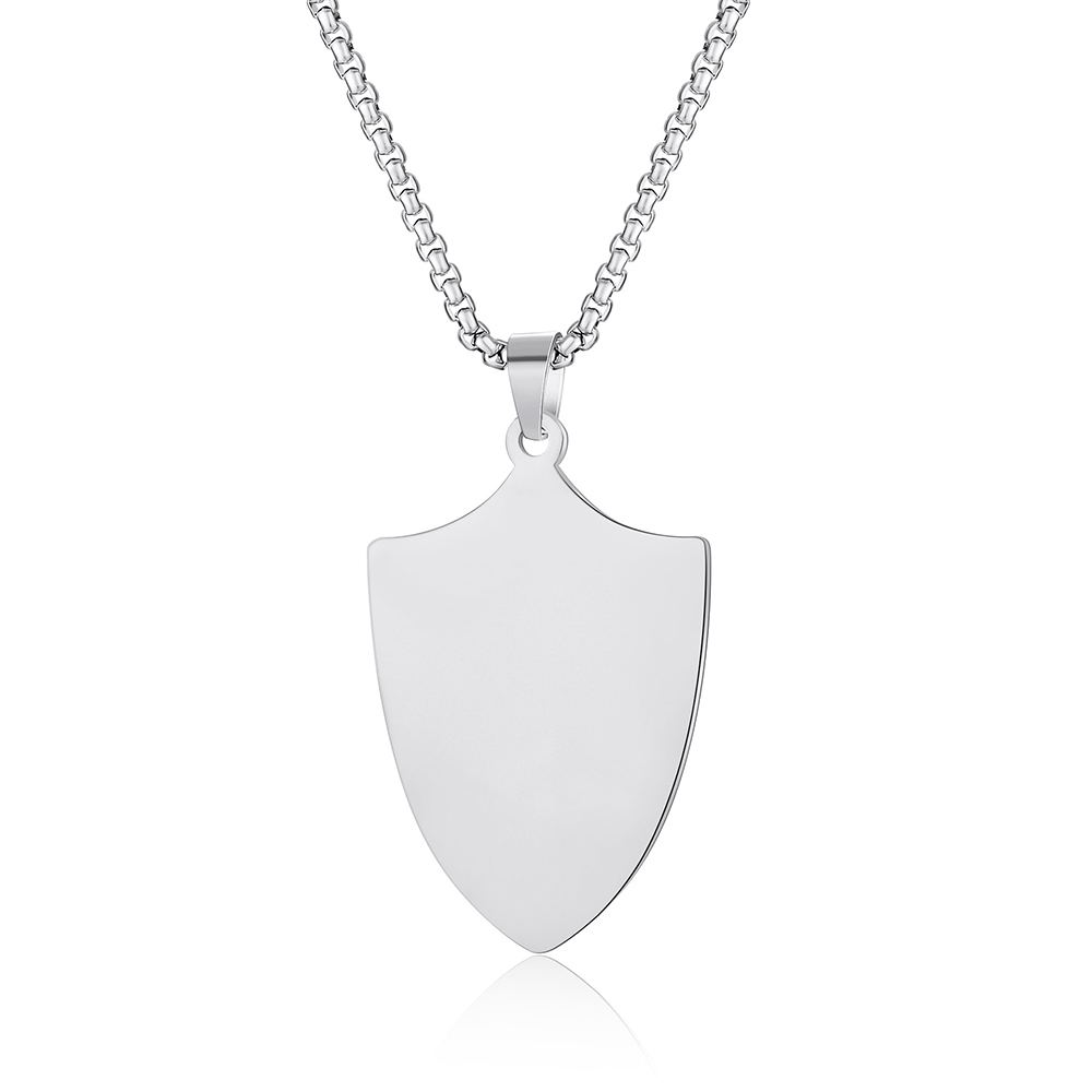 A blank silver shield pendant necklace made of premium stainless steel, perfect for custom laser engraving.