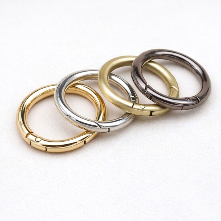 Heavy duty spring gate o ring in light gold, silver, nickel and gunmetal colors for handbag straps.
