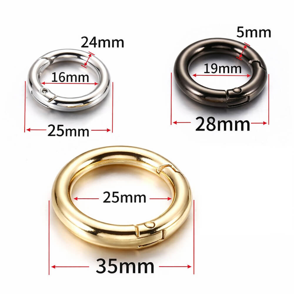 Spring o ring gate sizing guide showing 16mm 19mm 25mm inner diameters for leathercraft.
