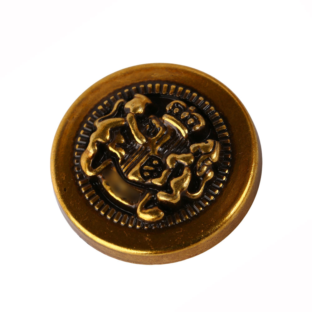 Unique metal buttons with an engraved royal crest emblem and crown pattern for garment accessories.