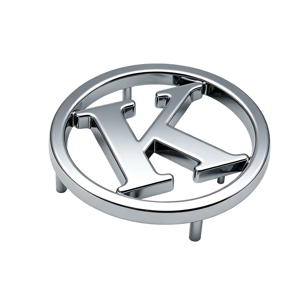 Zinc alloy custom logo plate manufacturer showing detailed side view of prong backing.