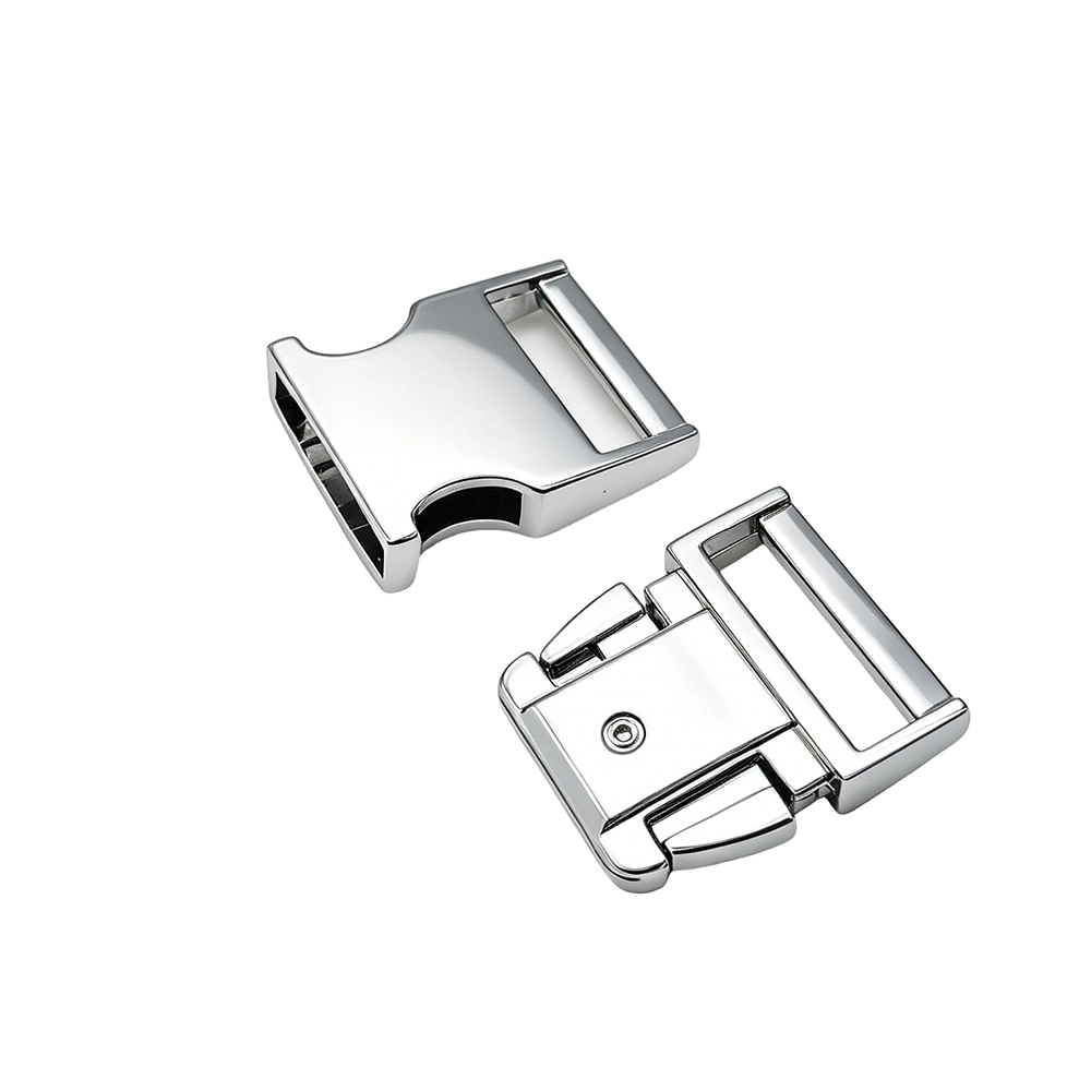 Disassembled 2-part zinc alloy side release buckle showing internal mechanism and precision polishing.