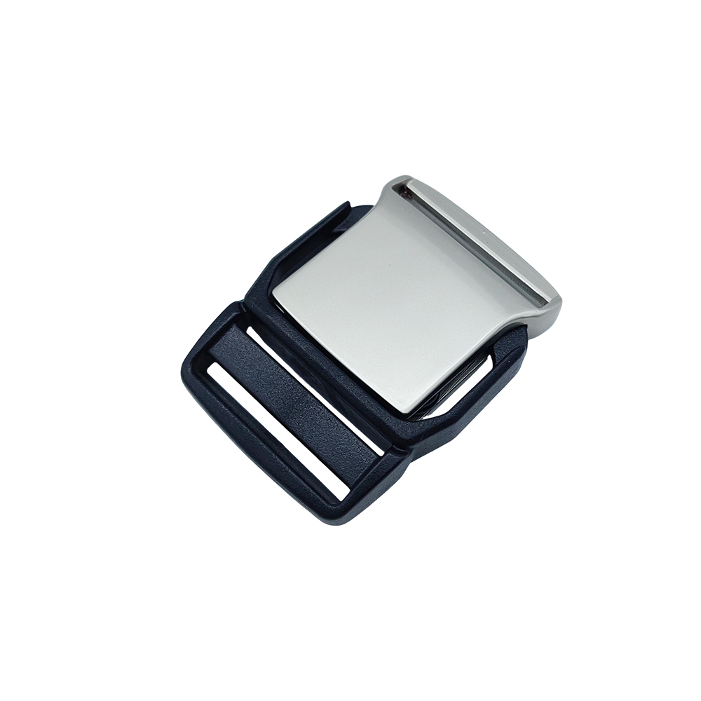 A close-up of a 25mm plastic buckle with a zinc alloy front plate, showcasing its premium silver metal plate insert design.