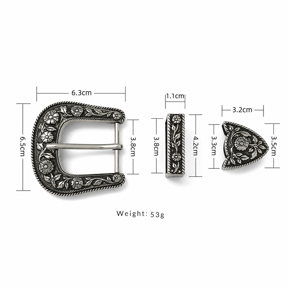 Size dimension diagram of the 3-piece western belt buckle set made of zinc alloy.