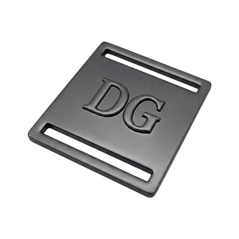 Gunmetal belt buckle logo plate with custom engraved brand logo sample.