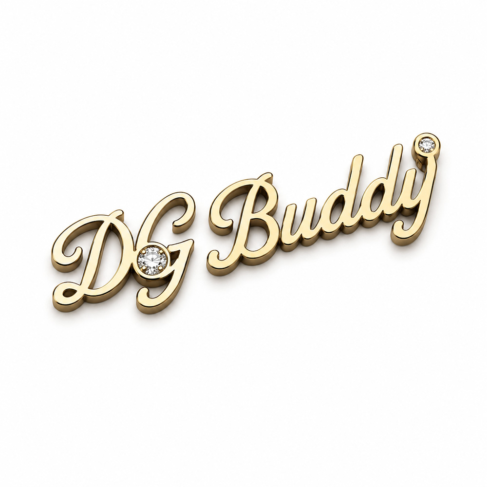 Gold plated cursive nameplate with rhinestone accent custom logo plate.