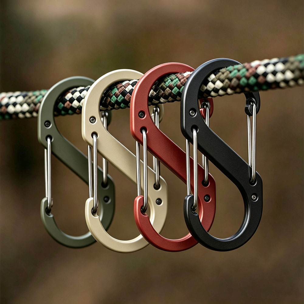 Custom color double gate carabiner bulk options showing anodized aluminum hardware finish hanging on rope.