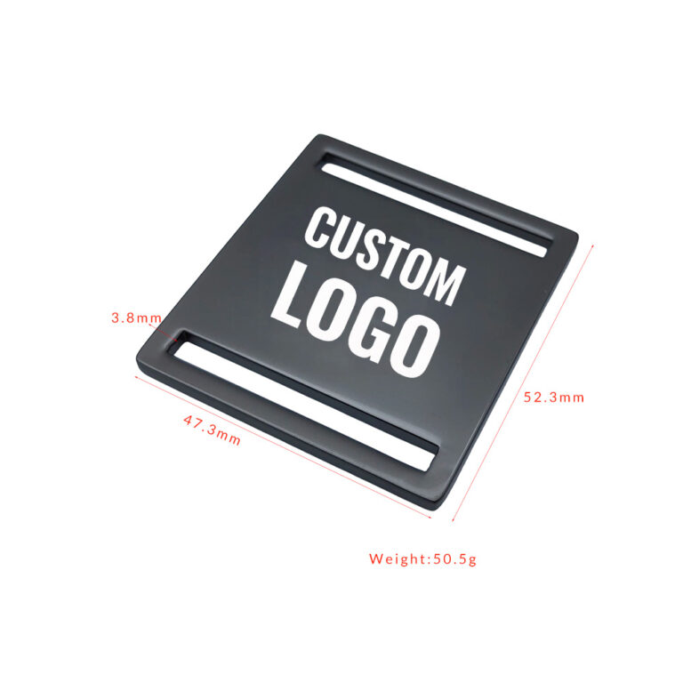 Gunmetal belt buckle logo plate with custom engraved brand logo sample.