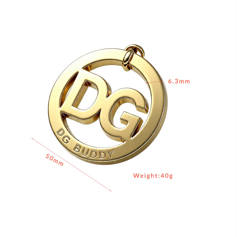 DG Buddy custom round metal logo tag for handbags with 50mm dimensions and hanging loop.