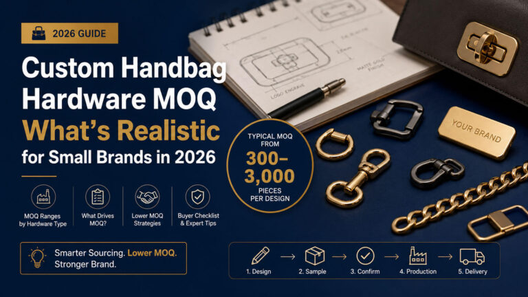 Custom handbag hardware MOQ guide showing OEM metal bag hardware, custom logo plates, turn locks, snap hooks and realistic minimum order quantities for small brands in 2026