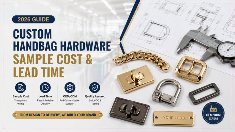 Custom handbag hardware sample cost and lead time guide showing OEM metal buckles, logo plates, chains, CAD drawings, and factory development process