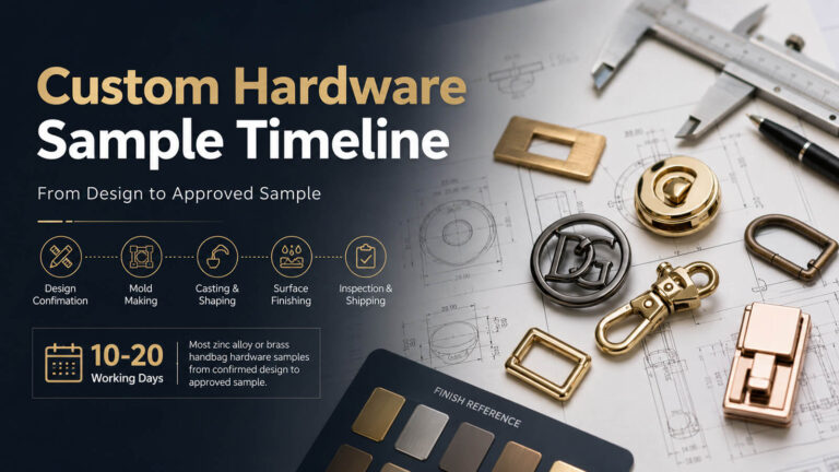 Custom hardware sample timeline banner showing the breakdown of the handbag hardware sample process from design to approved sample.