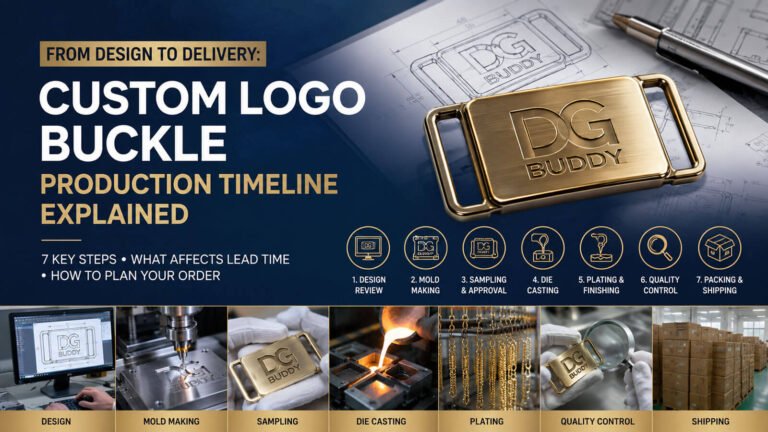 Custom logo buckle production timeline from design to delivery showing OEM buckle production process, mold making, zinc alloy die casting, sampling, electroplating, quality control and shipping lead time.