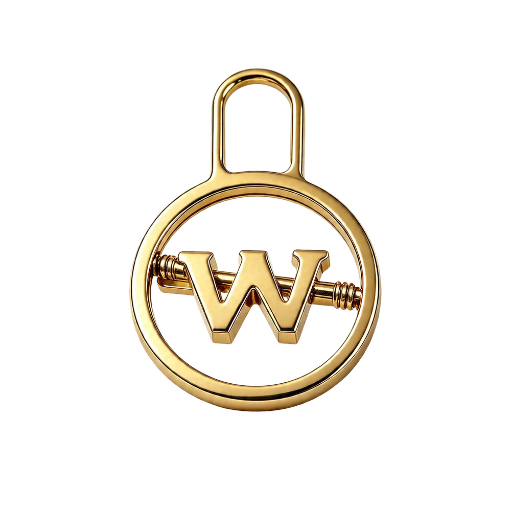 Custom logo hardware charm featuring die-cast letter W in gold plating