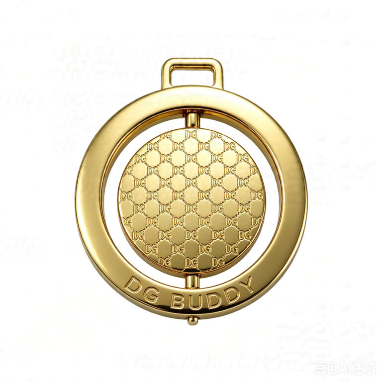 Front view of a round custom logo plate hardware with gold electroplating finish for luxury brand handbags.