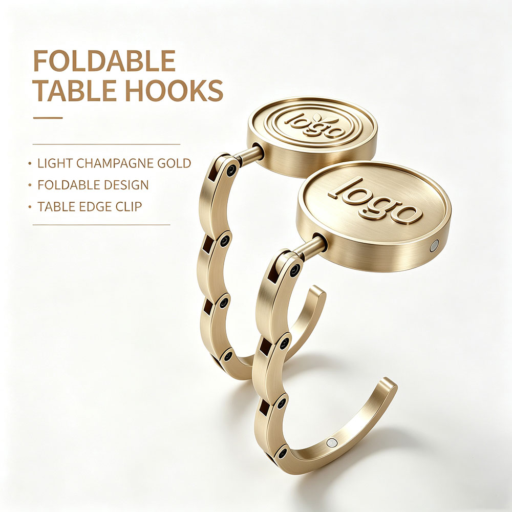 Custom metal purse hanger with logo plate in light champagne gold for bulk promotional gifts.