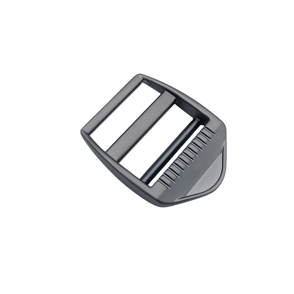 An angled close-up of a custom metal slide buckle, ideal for heavy-duty bag strap hardware and outdoor gear.